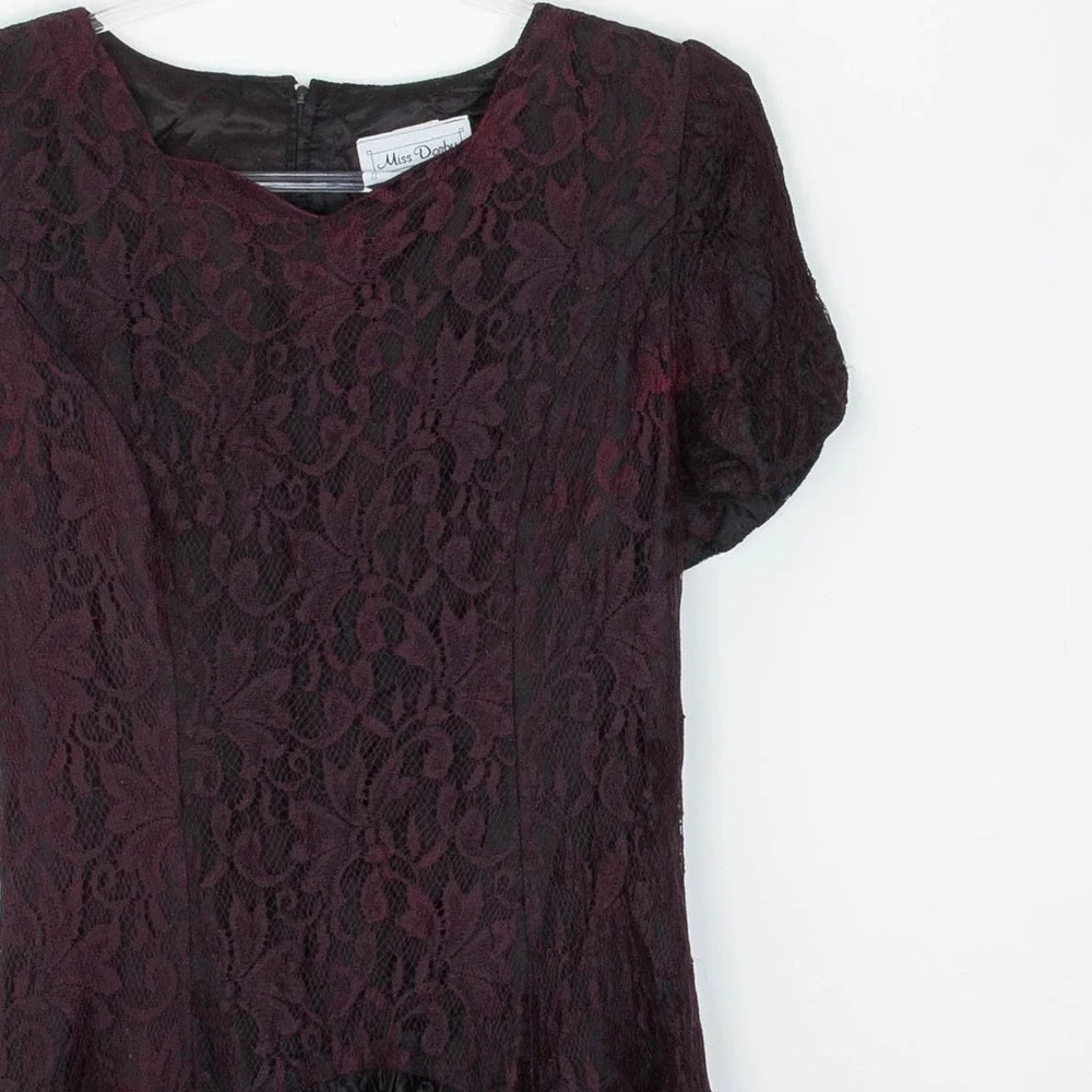 VTG 80s Miss Dorby Lace Midi‎ Dress Purple Black Puff Sleeve Size 16 Whimsigoth - Picture 2 of 8